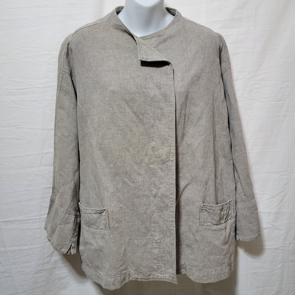 OSKA Size 4 US 12/14 Beige Linen Blend Snap Front Jacket Pockets Lagenlook